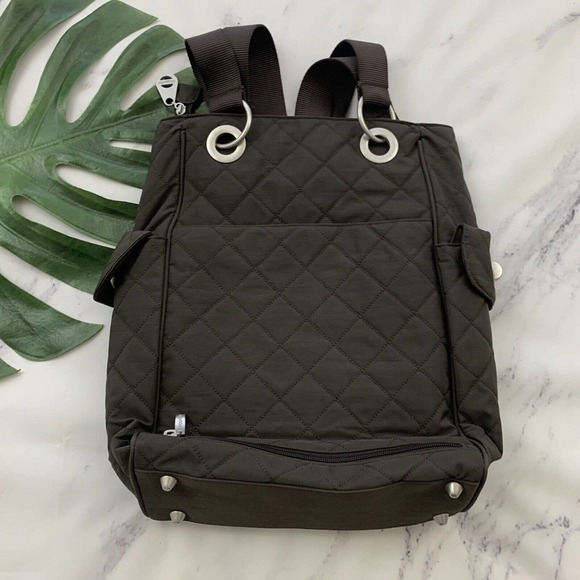 Baggallini Quilted Shoulder Tote Bag Brown Silver Zippers Travel Nylon Square - Picture 5 of 8